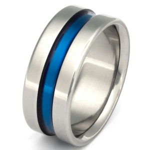 Blue Titanium Wedding Band Law Enforcement Gift or retirement Present Handcrafted Thin Blue Line Titanium Ring image 4