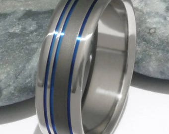 Thin Blue Line Titanium Ring - Titanium Wedding Band - Retirement Gift - Blue Engagement Ring - sa10