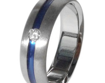 Titanium Wedding Band or Engagement Ring - Blue Band with Diamond - s19