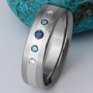 Titanium Platinum Diamond and Blue Sapphire Wedding Ring Diamond Engagement Ring Blue Diamonds s4 image 2