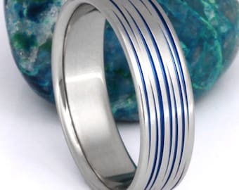 Blue Tiger Stripe Titanium Ring - Thin Blue Line Engagement Ring - Unique Titanium Wedding Ring - b19