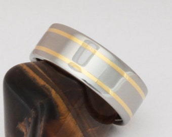 Gold Titanium Wedding Ring - 18k Gold Engagement Ring - Handcrafted Titanium Ring two Gold Inlay Ring - g8