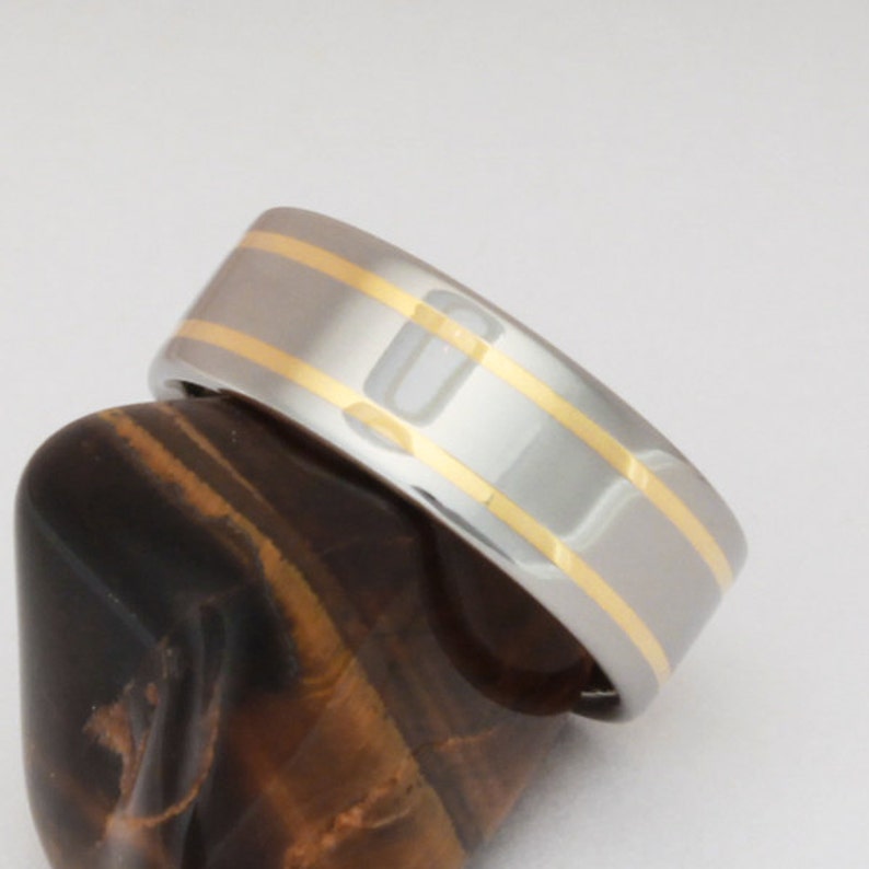 Gold Titanium Wedding Ring 18k Gold Engagement Ring Handcrafted Titanium Ring two Gold Inlay Ring g8 image 1