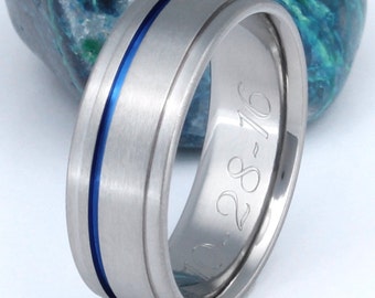 Thin Blue Line Titanium Band - Blue Handcrafted Titanium Ring - b7