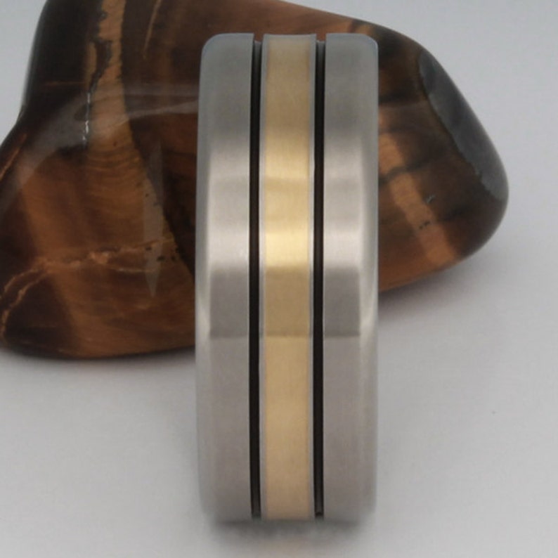 Gold Titanium Wedding Ring Titanium Ring Inlaid 18k Gold Band Black Stripes g16 image 2