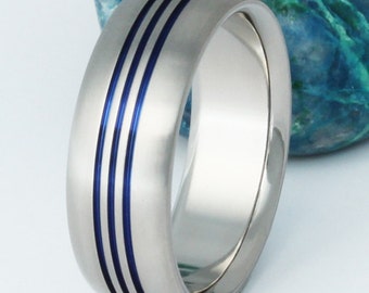 Thin Blue Line Titanium Wedding Band - Blue Striped Titanium Ring - Law Enforcement Ring - b12