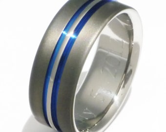 Thin Blue Line Titanium Ring - Exclusive Sable Finish - Handcrafted Titanium Wedding Band - sa20