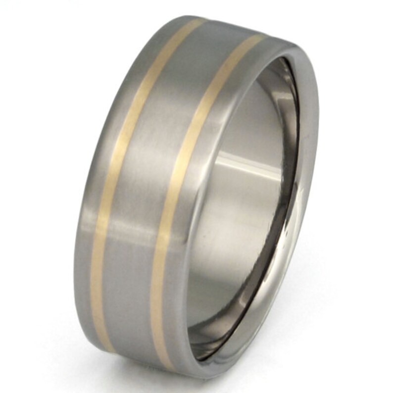 Gold Titanium Wedding Ring 18k Gold Engagement Ring Handcrafted Titanium Ring two Gold Inlay Ring g8 image 4