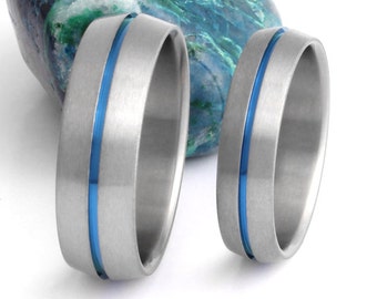 Thin Blue Line Titanium Wedding Band Set -  Matching His and Hers Blue Rings - Peaked Profile Anodized Centered Stripe - stb6