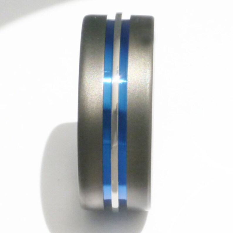 Thin Blue Line Titanium Ring Exclusive Sable Finish Handcrafted Titanium Wedding Band sa20 image 3