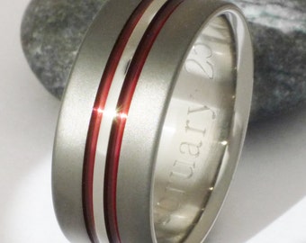 Unique Red Titanium Wedding Ring - Thin Red Line Ring - Exclusive Sable Finish and Red Titanium Engagement Ring - sa20 red