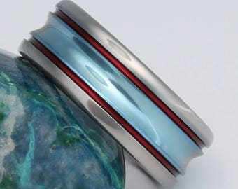 Titanium Blue and Red Wedding Band - Unique Titanium Engagement Ring, Custom Anodized  Concave Titanium Promise Ring - w14