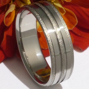 Frost Titanium Wedding Band Carved Polished Stripes Titanium Engagement Ring Custom Frost Finish f22 image 1