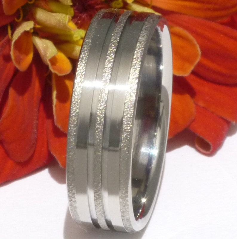 Frost Titanium Wedding Band Carved Polished Stripes Titanium Engagement Ring Custom Frost Finish f22 image 3