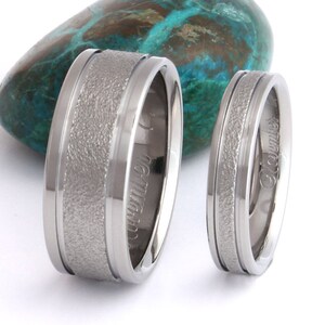 Frost Titanium Wedding Bands Matching Ring Set Textured Titanium Engagement Rings f5 Set image 2