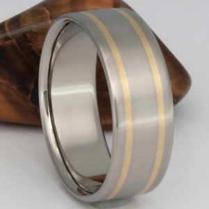 Gold Titanium Wedding Ring 18k Gold Engagement Ring Handcrafted Titanium Ring two Gold Inlay Ring g8 image 3