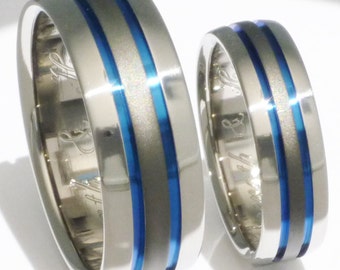 Titanium Wedding Ring Set - Blue Titanium Engagement Set - Thin Blue Line Titanium Rings - Evclusive Sable Finish - stsa11