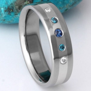 Titanium Platinum Diamond and Blue Sapphire Wedding Ring Diamond Engagement Ring Blue Diamonds s4 image 3