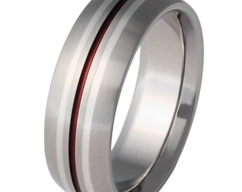 Silver Titanium Wedding Ring with Red Stripes - Silver and Red Band - sv4Red