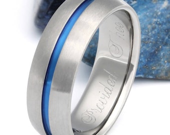 Thin Blue Line Titanium Wedding Band - Domed Profile Anodized Blue Stripe - Handcrafted Titanium Engagement Ring - b22