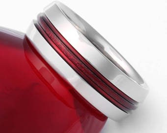 Red Frost Titanium Wedding Band - Firefighter Ring - Thin Red Line Ring - Red Thread Of Fate Engagement Ring - r16