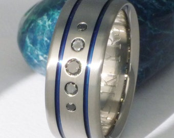 Black Diamond Titanium Wedding Band - Two Blue Stripes - Black and Blue Ring - bd16