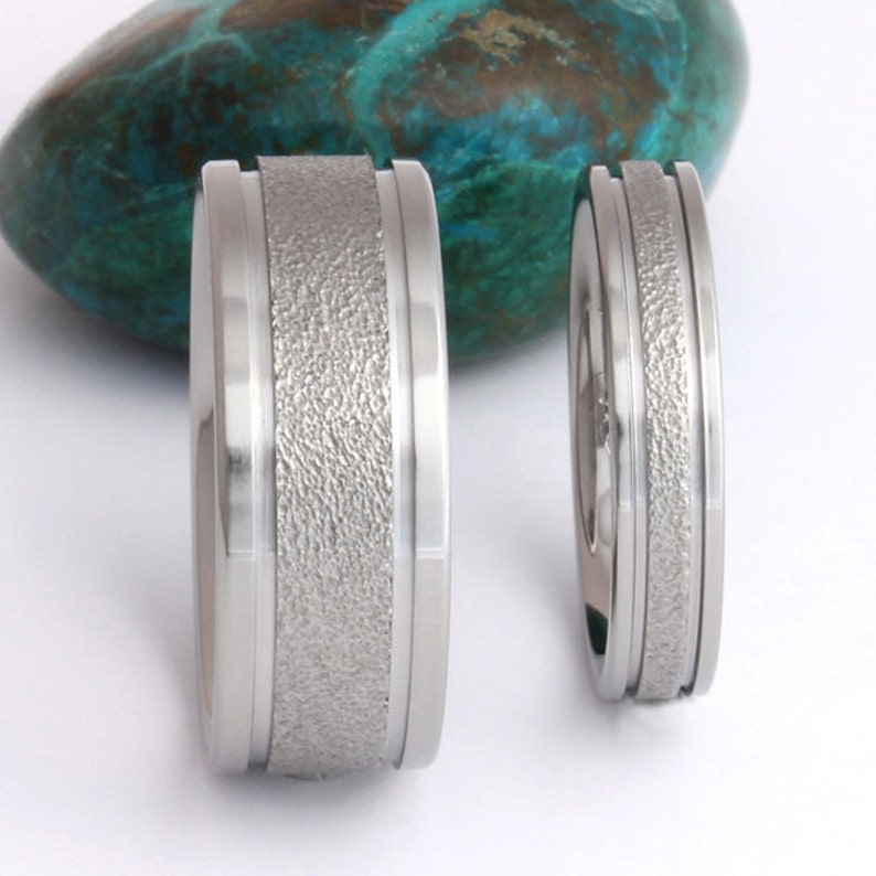 Frost Titanium Wedding Bands Matching Ring Set Textured Titanium Engagement Rings f5 Set image 3