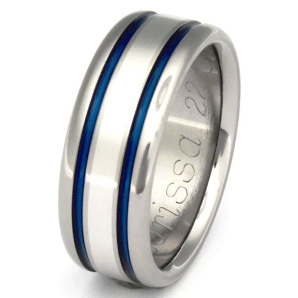 Unique Titanium Wedding Ring - Platinum Ring - Thin Blue Line Ring - w8