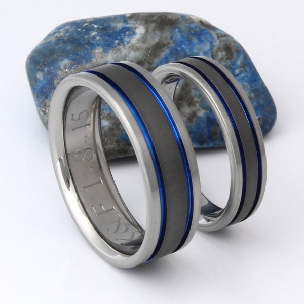 Titanium Wedding Band Set Thin Blue Line Rings His and Etsy