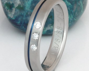 Thin Blue Line Titanium Diamond Wedding Band - Engagement Ring - Titanium and Diamond Promise Ring  - s34