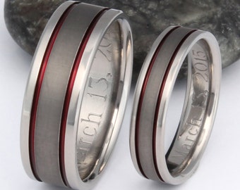 Red Titanium Wedding Band Set - Thin Red Line Engagement Rings - His and Hers Firefighter Rings - Exclusive Sable Finish - sa12 Red