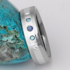 Titanium Platinum Diamond and Blue Sapphire Wedding Ring Diamond Engagement Ring Blue Diamonds s4 image 4