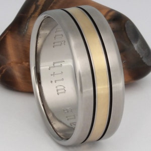 Gold Titanium Wedding Ring Titanium Ring Inlaid 18k Gold Band Black Stripes g16 image 3