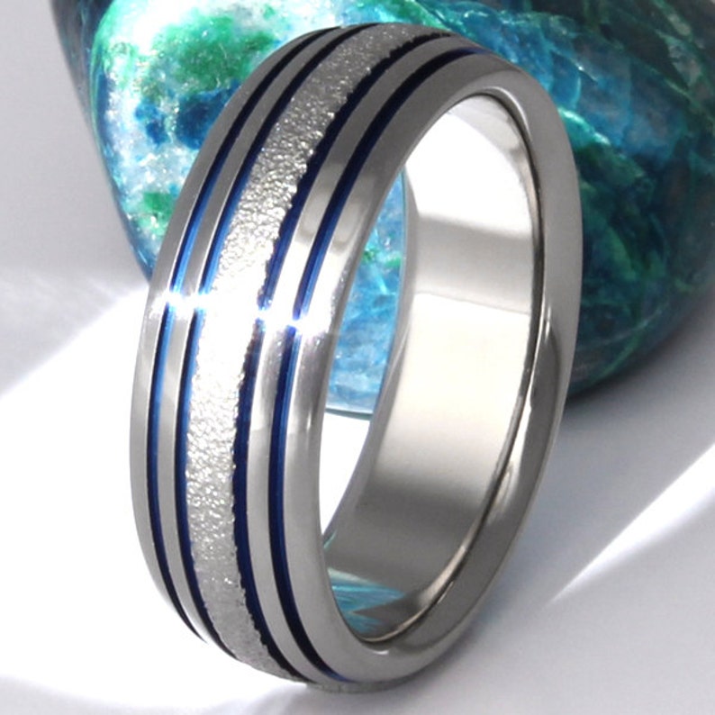 Blue Textured Titanium Ring Wedding Band Unique Frost Finish Thin Blue Line Engagement Ring Blue and Frost Titanium Ring f15 image 1