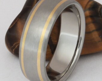 Gold Titanium Wedding Ring - Unisex Engagement Band - Handcrafted Two Stripe 18k Gold Promise Ring  - g11