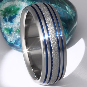 Blue Textured Titanium Ring Wedding Band Unique Frost Finish Thin Blue Line Engagement Ring Blue and Frost Titanium Ring f15 image 3
