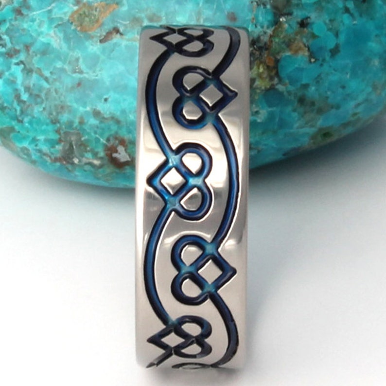 Irish Celtic Titanium Wedding Band Blue Chain of Hearts Ring ck35 Blue image 3