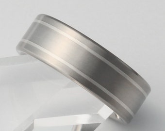 Silver Titanium Wedding Ring - Silver Inlay Band - Two Stripe Silver Engagement Ring - sv2