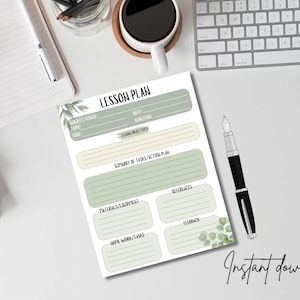 May include: A printable lesson plan template with a green and white floral design. The template includes sections for subject/course, topic, goal, date, duration, lesson objectives, summary of tasks/action plan, materials/equipment, homework/exercises, references, and feedback.