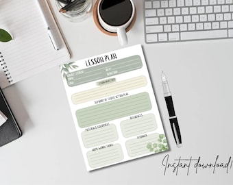 Op de afbeelding: Een printbare lesplan sjabloon met een groen en wit bloemenontwerp. De sjabloon bevat secties voor vak/cursus, onderwerp, doel, datum, duur, lesdoelen, samenvatting van taken/actieplan, materialen/uitrusting, huiswerk/oefeningen, referenties en feedback.
