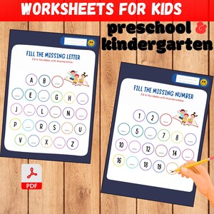 Hoja de trabajo imprimible para completar la letra que falta / Actividad de aprendizaje del alfabeto para niños / Hoja de trabajo imprimible para completar el número que falta Habilidades matemáticas tempranas para niños