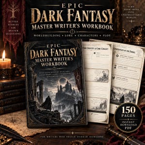May include: A workbook titled Epic Dark Fantasy Master Writer's Workbook with a dark, atmospheric cover illustration of a cloaked figure standing before a ruined castle. The workbook includes internal pages with prompts for worldbuilding and lore.