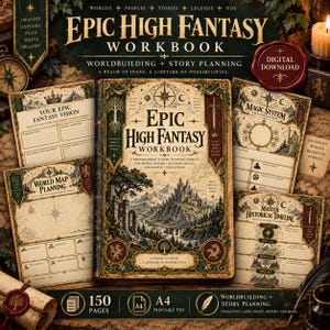 Op de afbeelding: Een Epic High Fantasy werkboek voor wereldopbouw en verhaalplanning. De omslag bevat een centrale illustratie van een kasteel in de bergen met sierlijke gouden en groene randen. Bevat pagina's voor fantasievisie, wereldkaartplanning, magiesystemen en tijdlijnen.