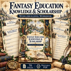 May include: A Fantasy Education Knowledge & Scholarship worldbuilding workbook featuring a central cover with an open book, compass, and castle illustration, surrounded by printable pages for creating schools, libraries, and academic profiles.