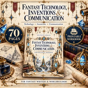 Puede incluir: Un libro de ejercicios imprimible de 70 páginas titulado Fantasy Technology, Inventions & Communication para escritores de fantasía. La portada presenta ilustraciones detalladas en tonos dorados de un castillo y engranajes.