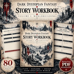 Puede incluir: Un libro de ejercicios Dark Dystopian Fantasy Story Workbook Volume 1: Worldbuilding con 80 páginas interiores. La portada muestra un paisaje de castillo oscuro con estandartes rojos. Dos páginas abiertas muestran secciones como Welcome to Your World.