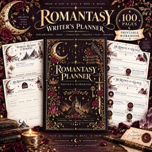 May include: A Romantasy Writer's Planner workbook with a dark cover featuring gold celestial motifs, a castle, a raven, and red roses. The set includes printed pages for worldbuilding, character development, and plot tracking, alongside a candle and pen.