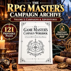 May include: A white book titled The Game Master's Campaign Workbook: A Fantasy RPG Planning Field Manual, Vol. 1. The cover features a black ink illustration of a shield, sword, and compass, surrounded by decorative floral borders.