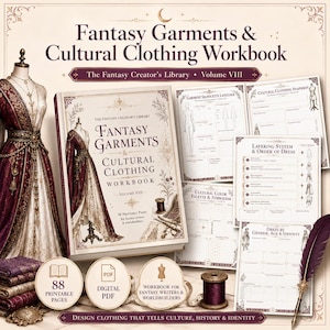 Puede incluir: Un libro de ejercicios Fantasy Garments & Cultural Clothing Volumen VIII con 88 páginas imprimibles. La portada muestra un vestido en un maniquí, un carrete de hilo y una pluma. Incluye páginas interiores sobre siluetas y paletas de colores.