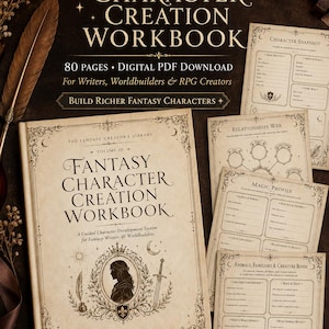 May include: A Fantasy Character Creation Workbook digital PDF download featuring 80 pages for writers and RPG creators. The cover displays the title, a silhouette of a person, a sword, and a quill. Included are pages for character snapshots, relationship webs, magic profiles, and creature bonds.